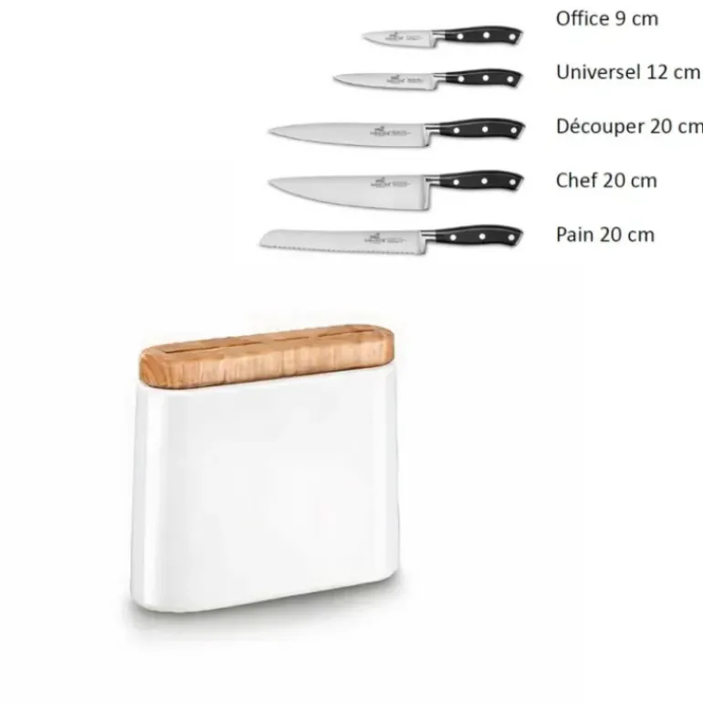 Bloc Couteau Blanc Manille avec 5 Couteaux de Cuisine Ysis Sabatier