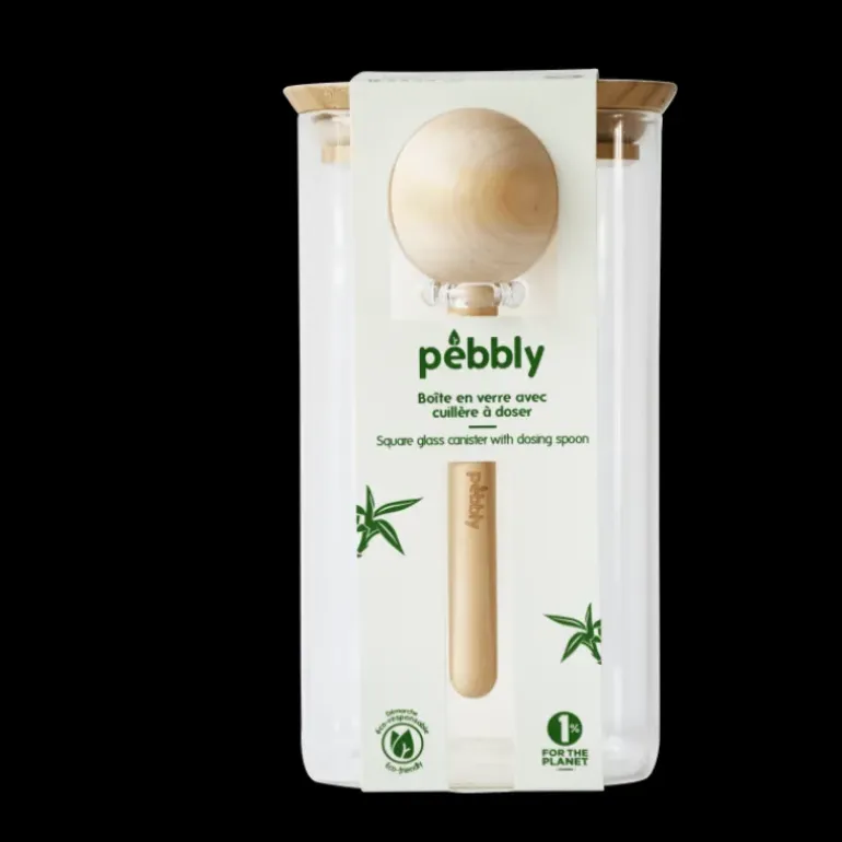 Boite de Conservation Carrée en Verre et Bambou avec Cuillère Doseuse 1,4 L Pebbly
