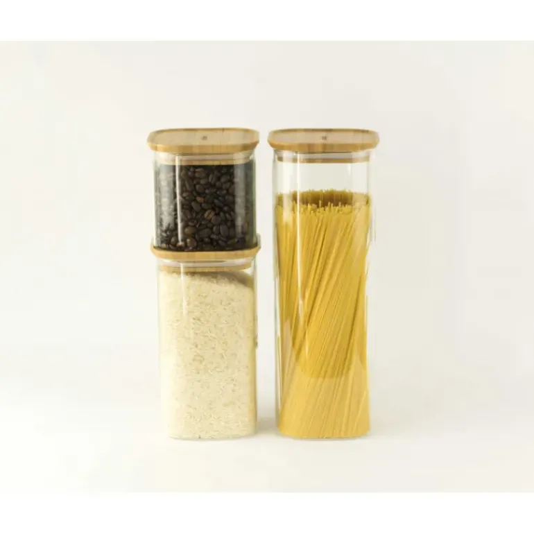 Boîte de Conservation en Verre et Bambou Carré 2,2 L Pebbly
