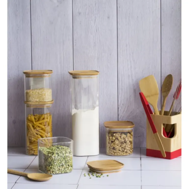 Boîte de Conservation en Verre et Bambou Carré 2,2 L Pebbly
