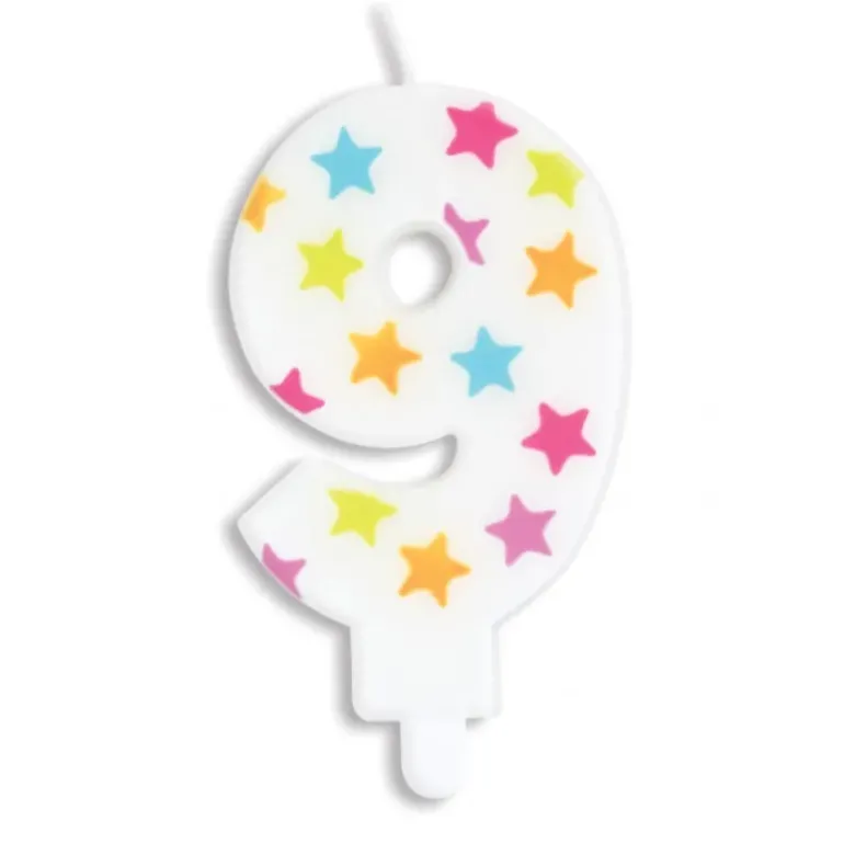 Bougie Chiffre 9 Blanche à Etoiles Multicolores Scrapcooking