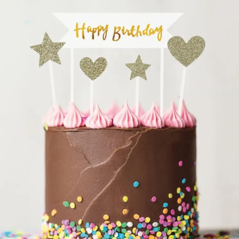 Cake Topper Happy Birthday Cœurs et Étoiles Dorés (x10) Patisdécor