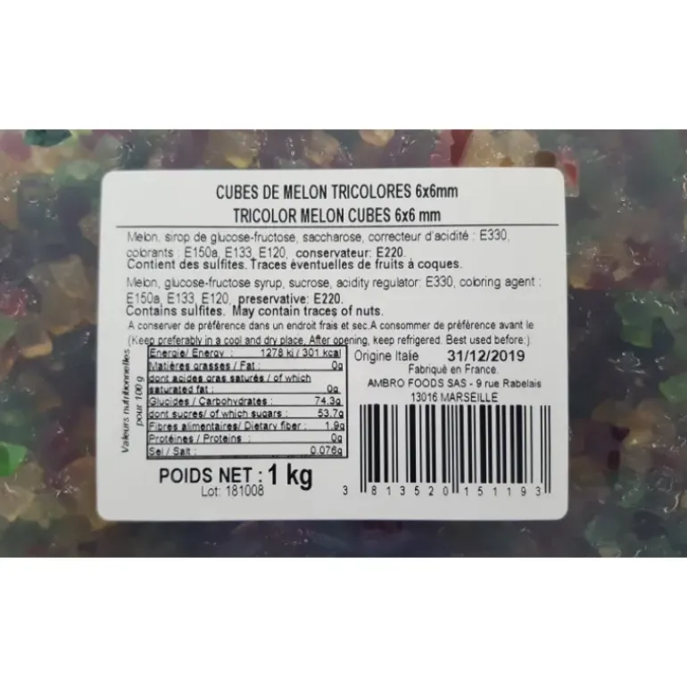 Cubes de Melon confit tricolores 1 kg