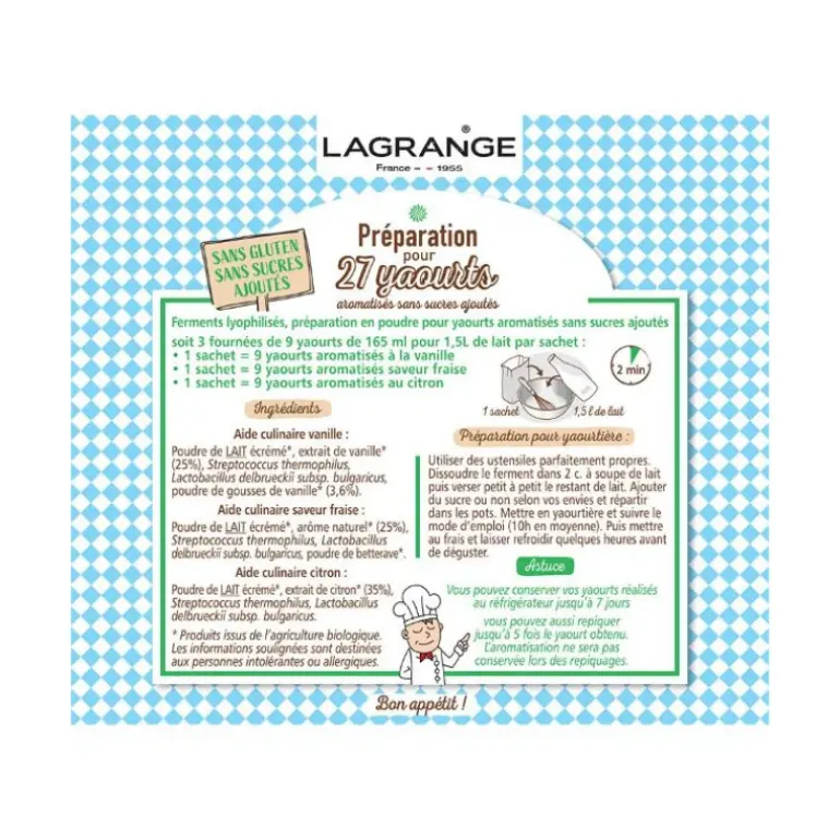 Ferment Lactique Bio 3 Sachets 12g Vanille, Fraise et Citron Lagrange