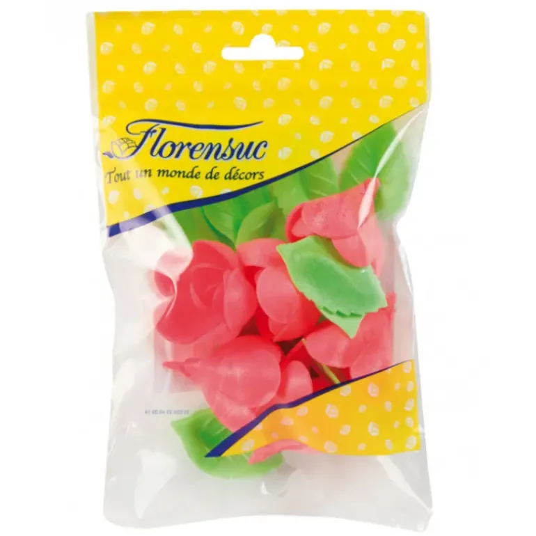 Fleurs de rose carmin x6, grandes feuilles x12 - en Azyme