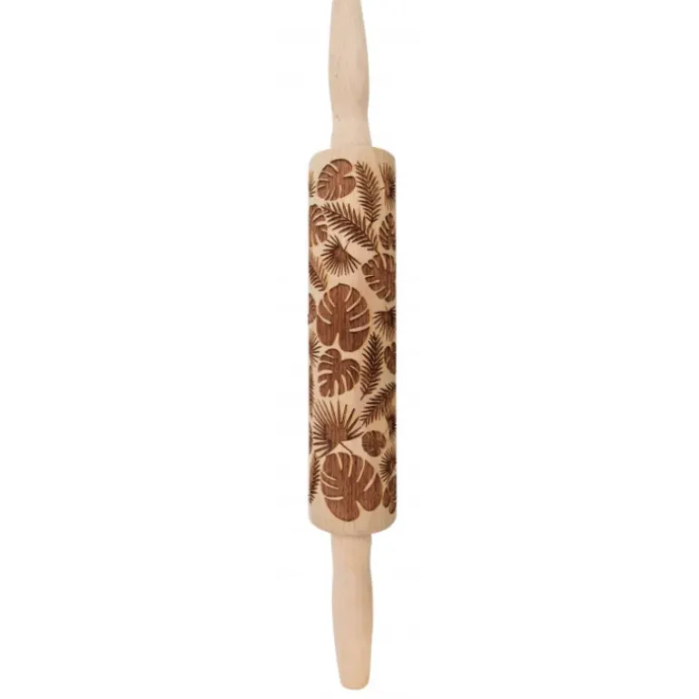 Rouleau Pâtisserie Motif Feuilles Tropicales 39 cm Bois Scrapcooking